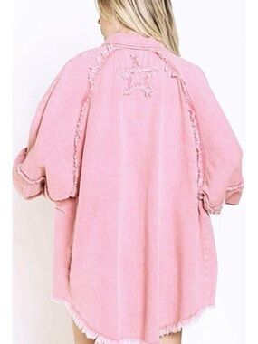 POL Pink Frayed Denim Boyfriend Jacket